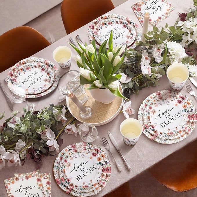 Zhehao 250 Pcs Love in Bloom Bridal Shower Plates Napkins Sets 50 Pcs 9'' Floral Dinner Plates 50 7'' Dessert Plate and 9oz Cups 100 Napkins Wedding Engagement Party Supplies Bridal Shower Decoration