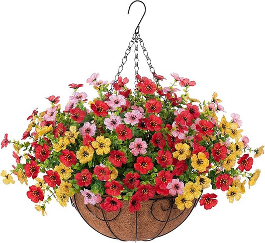 Ammyoo Artificial Faux Hanging Plants Flowers Basket for Spring Outdoor Decoration, Fake Silk Daisy UV Resistant Look Real with Eucalyptus Leaves Summer Outside Decor for Home Patio Garden