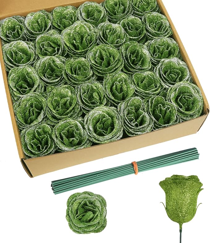 30PCS Artificial Glitter Roses Bouquet Green Flowers Fake Sparkling Roses for Wedding Party Christmas Home Decor(Green with Silver Glitter)