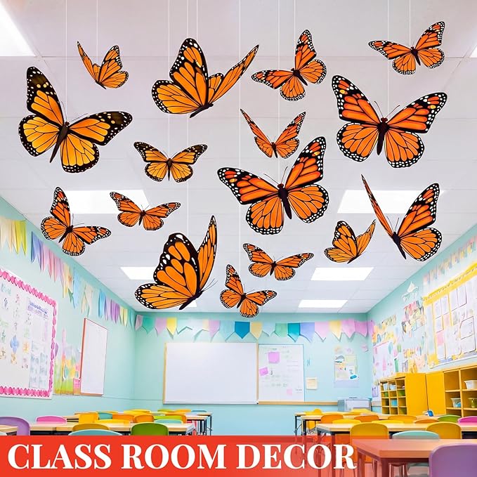 Tingjoo 21 Pcs Large Butterfly Decorations Kit 3D Monarch Butterfly Party Backdrop Decorations and 20 Pcs Hanging Butterflies Photo Booth Props for Baby Shower Wedding Garden Birthday Party