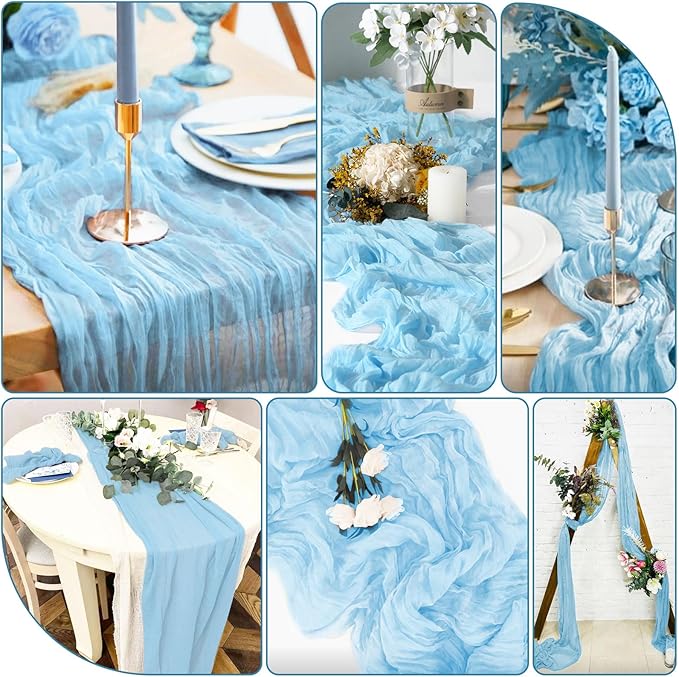 8 Pack Light Blue Cheesecloth Table Runner 10FT Long Boho Gauze Fabric Table Runner Vintage Rustic Sheer Runners for Wedding Party Bridal Baby Shower Table Decorations