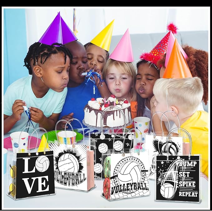 Teenyyou 24 Pcs Volleyball Clear Gift Bags with Handles Volleyball Goodie Bags Sport Theme Party Favor for Team Snack Birthday Gifts