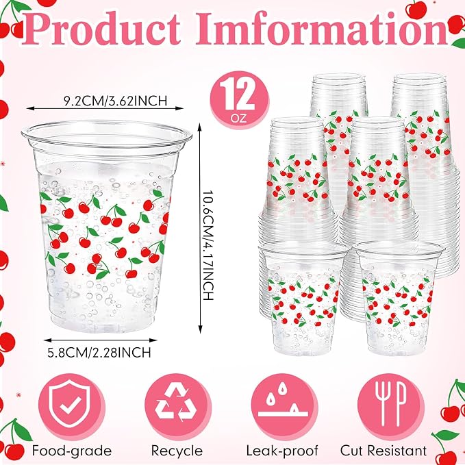 Funnymoom 60 Pack Cherry Plastic Cups 12 oz Red Cherry Disposable Clear Plastic Drinking Cups for Summer Spring Fruit Theme Baby Shower Birthday Holiday Party Decoration Favors Supplies