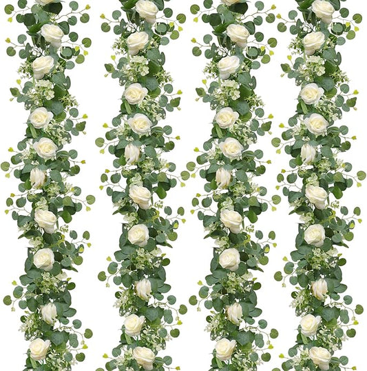TOCHGREEN 4Pcs(26 Ft) Artificial Eucalyptus & White Rose Flower Garland, Faux Rose Vine & Gypsophila Greenery for Party & Wedding Decor (White, 4PCS)