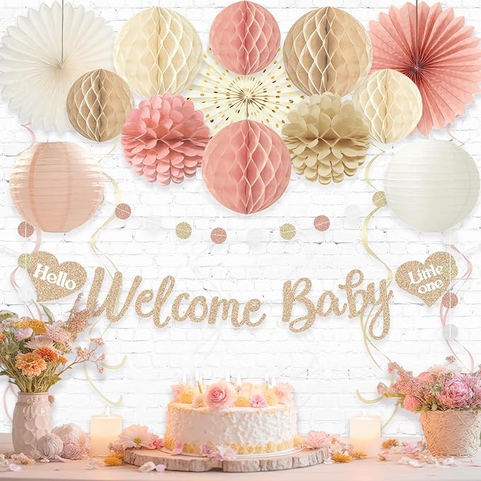 Boho Blush Pink Baby Shower Decorations for Girl, Pre-Strung, 24pcs | Welcome Baby Sign, Honeycomb Balls, Paper Flowers, Lanterns, Fans, Streamers, Dots Garland for Girl Baby Shower Decorations