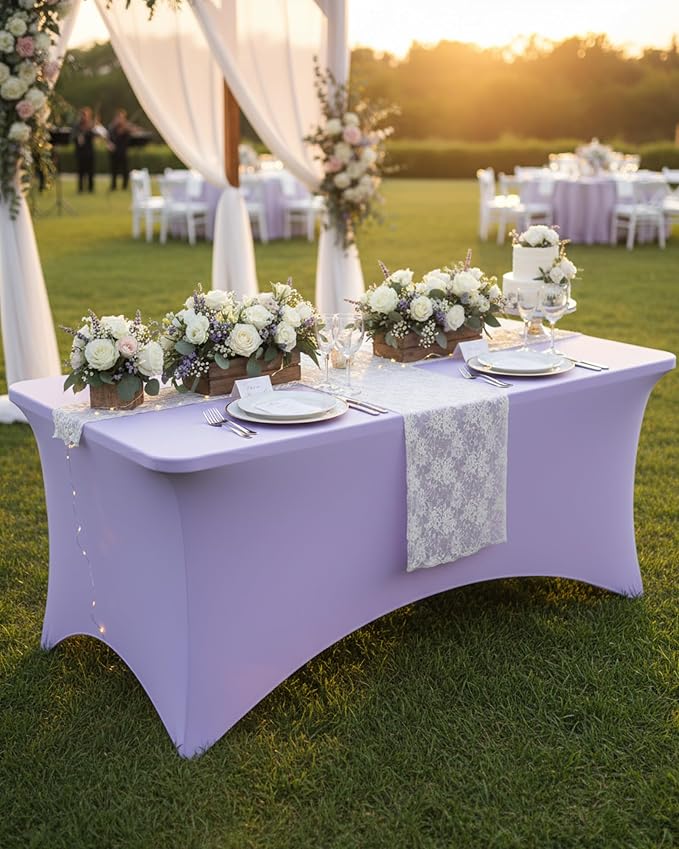 Fixwal Lavender Stretch Table Cloth Rectangle 2 Pack 6Ft, Spandex Fitted Table Covers Washable for Party, Trade Show, Banquet, Wedding, Buffet