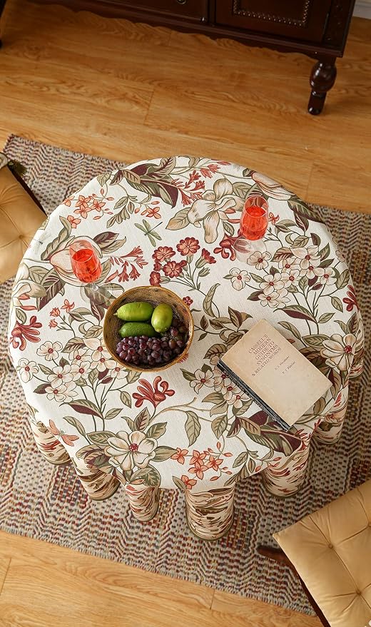 ISAENNE Designer Vintage Round Linen Tablecloth,Diameter 55"-Grace A | French Elegant Beautiful Durable Printed Table Cloth,Floral Pattern,Decoration,Heavyweight,Dining,Kitchen,Thanksgiving