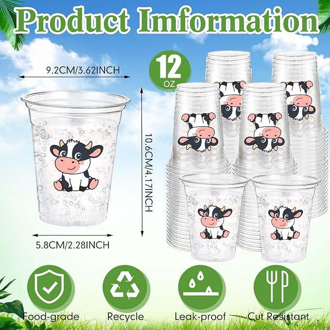 Funnymoom 60 Pack Cow Plastic Cups 12 oz Cute Cow Disposable Clear Plastic Drinking Cups for Farm Animal Themed Birthday Wedding Bridal Baby Shower Party Decoration Supplies