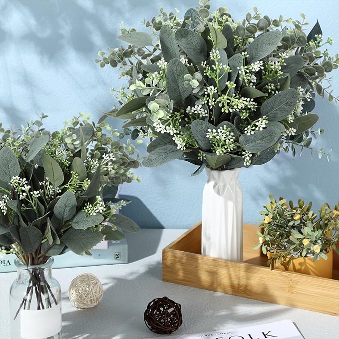 Janinka Mixed Eucalyptus Leaves Stems Bulk with White Seeds Artificial Silver Dollar Leaves Sprays Faux Oval for Wreath Garland Floral Bouquets Arrangement Wedding Greenery Decoration(60 Pcs)
