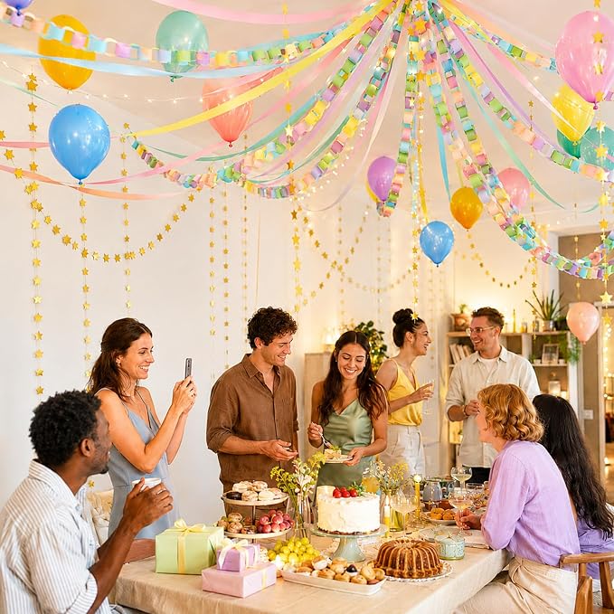 succulentlovers 360 Sheets Colorful Paper Chains Strips, 52 ft Gold Star Garland with 492 ft Crepe Streamer, Fancy Birthday Party Decorations Include Balloon Fringe Curtain for DIY Hanging Decor