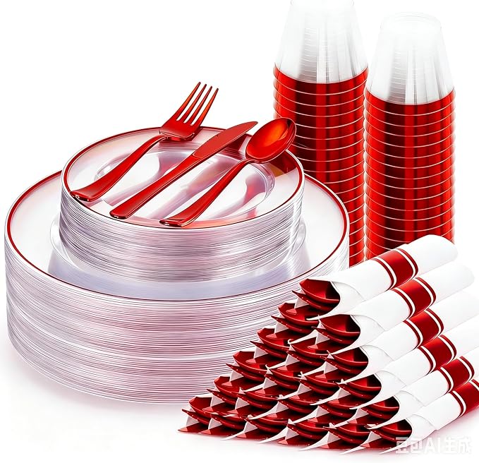 SUT 350 Pcs Red and Clear Plastic Dinnerware Set for 50 Guests, Include: 50 Dinner Plates, 50 Dessert Plates, 50 Pre Rolled Napkins With Silverware, 50 Cups, Disposable Plates for Party