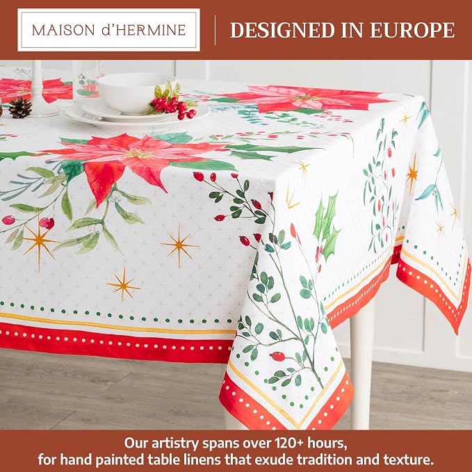Maison d' Hermine Table Cloth Rectangle Table 100% Cotton 60 x 108 Inches Fall Tablecloth Reusable Everyday Use for Thanksgiving Christmas Decorations Dining Farmhouse Party (Poinsettia Christmas)