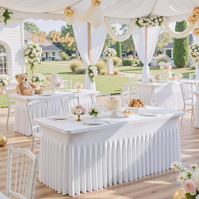 White Spandex Table Cloths for 8 Foot Rectangle Tables, 2 Pack Wrinkle Free Fitted Table Cover 8ft Tablecloth Stretchy Table Skirt for Parties Weddings Banquet Birthday Baby Shower