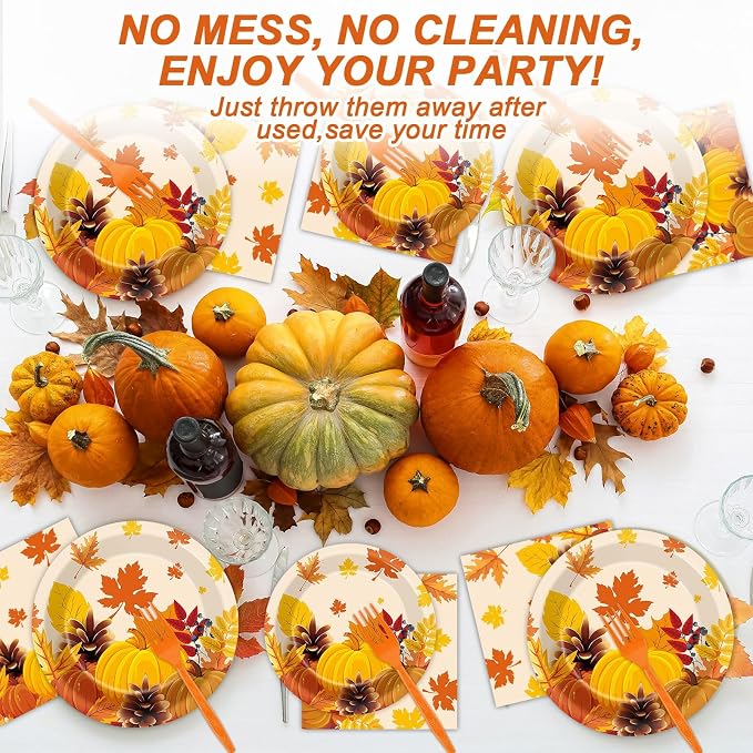 50 Guests Thanksgiving Fall Plates and Napkins Party Supplies Autumn Leaves Disposable Tableware Set Pumpkin Maple Party Decorations Favors for Fall Theme Birthday,200PCS