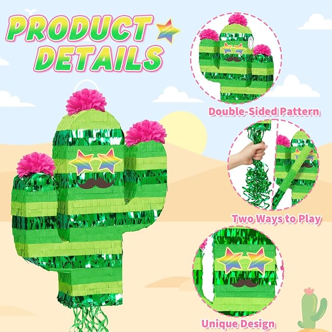 WERNNSAI Cinco De Mayo Cactus Piñata - Mexican Party Decorations Pull String Piñata Bundle with Blindfold and Bat Mexican Piñata for Fiesta Party Decorations Luau Event Carnivals Festivals Supplies