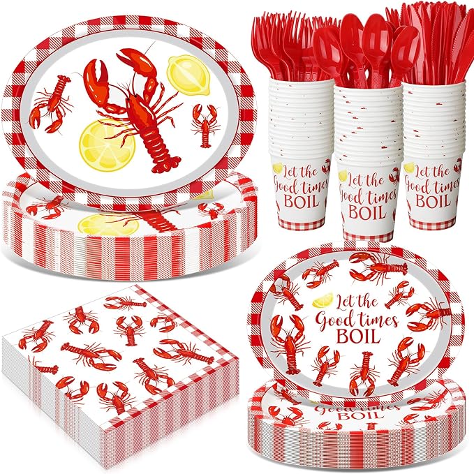 Pajean 350 Pcs Crawfish Boil Party Decorations 12 in Disposable Oval Plates and Napkins Let The Good Times Boil Heavy Duty Paper Tableware Set for 50 Guests Lobster Seafood Picnic BBQ Party Supplies