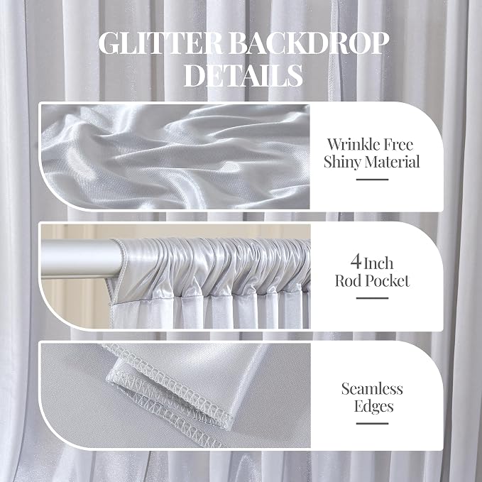 Silver Glitter Backdrop Curtains - 10x12FT Satin Photo Backdrop, Wrinkle-Free Shimmer Back Drop Cloth Shiny Drapes for Photobooth Wedding Birthday Parties Photoshoot Background Decorations