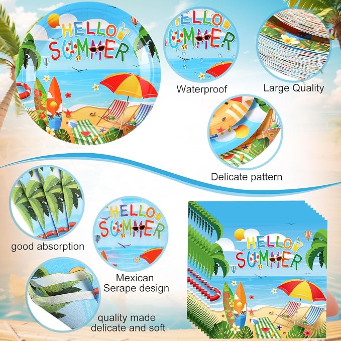 Funnymoom 452 Pcs Hello Summer Plates and Napkins Beach Party Supplies for 50, Summer Beach Cup Tablecloth Cutlery Disposable Tableware for Hawaiian Tropical Luau Ocean Pool Birthday Party Decoration