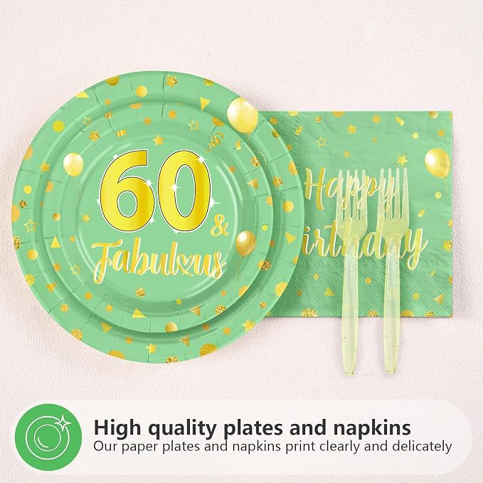 96 Pcs 60th Birthday Decorations for Women Green and Gold 60th Birthday Plates and Napkins Sage Green Tableware Set for Women Men 60 Years Old Party Supplies, Serves 24