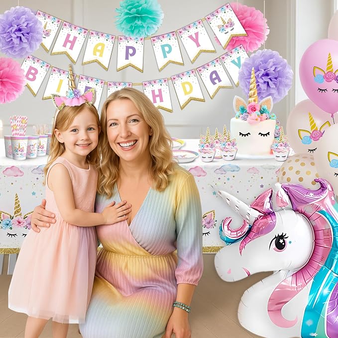152 Pc Unicorn Birthday Decorations for Girls, Complete Party Supplies Kit | 2026 Family Choice Award winner – plates, napkins, cutlery, straws, pom-poms, balloons, banner, headband, bracelet & more
