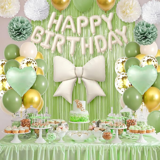 Sage Green Bow Birthday Decorations, Happy Birthday Balloon Banner with Bow and Heart Foil Balloons Fringe Curtain Tissue Paper Pompoms Garland Party Supplies for Women Girls Boys