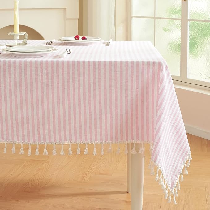 meioro Striped Rectangle Tablecloth, Cotton Blend Fabric Pink Table Cloth with Tassel, Washable Wrinkle Free Table Cover Boho Picnic Tablecloths for Valentines Day Kitchen Dining - 55 x 78 Inch