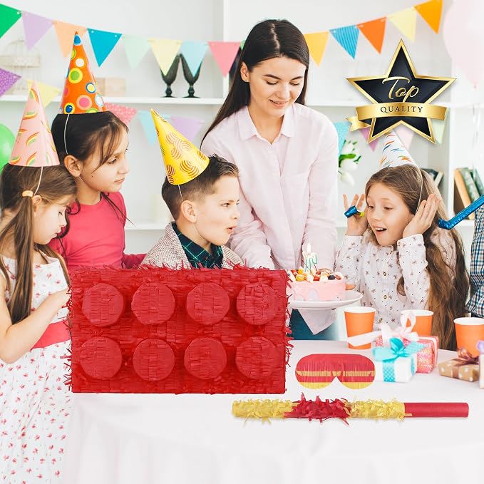 Block Pinata Bundle with a Blindfold and Bat(17 x 11 x 4 Inches), Perfect for Birthday Party Supplies, Building Blocks Theme Birthday, Decoration