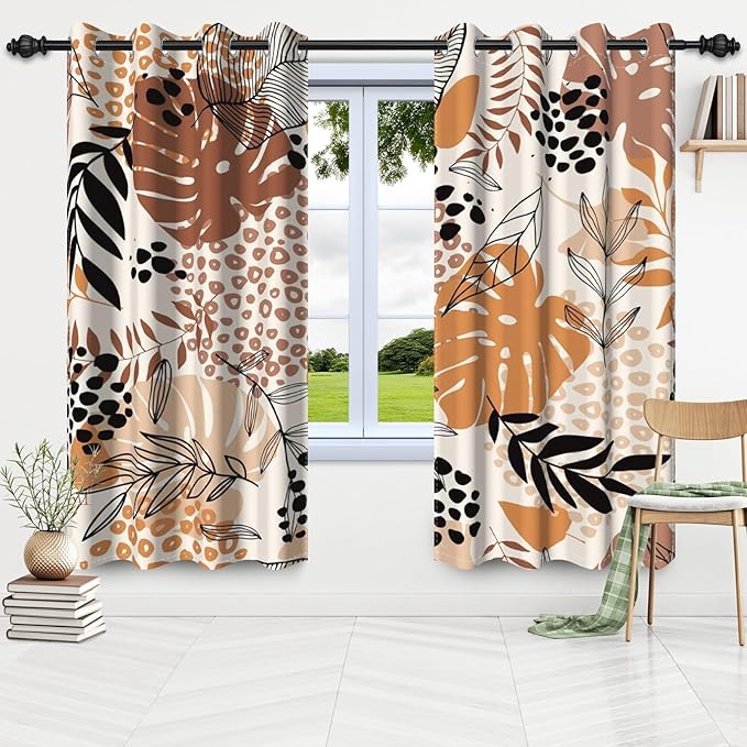 Mid Century Boho Leaves Window Curtains Palm Leaf Modern Abstract Art Curtain Drapes Boho Kitchen Curtains Window Treatment Sets Living Bedroom Dining Room Home Decor,42x84 inch,2 Panels