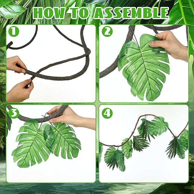 Preboun 60ft Jungle Theme Party Decorations Tropical Rainforest Leaves Safari Artificial Rattan Decoration with 100 Pcs Fake Tropical Palm Leaves for Indoor Outdoor Forest Garden Party Decor