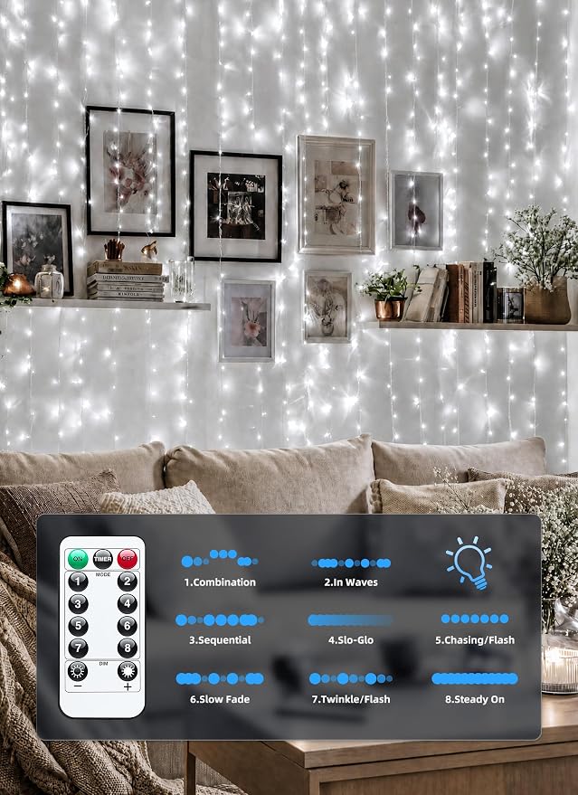 Brightown 300 LED Fairy Curtain Lights, 9.8ft x 9.8ft String Lights, USB Plug in 8 Lighting Modes Christmas String Hanging Lights with Remote for Bedroom Indoor Outdoor Party Xmas White 1 Pack