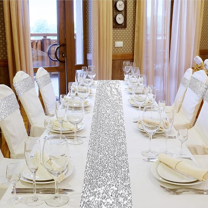 Newwiee 54 Pcs Silver Sequin Chair Sashes and Table Runners, 48 Sequin Chair Bows, 6 Glitter Table Runners for Birthday Party Wedding Banquet Holiday Decorations