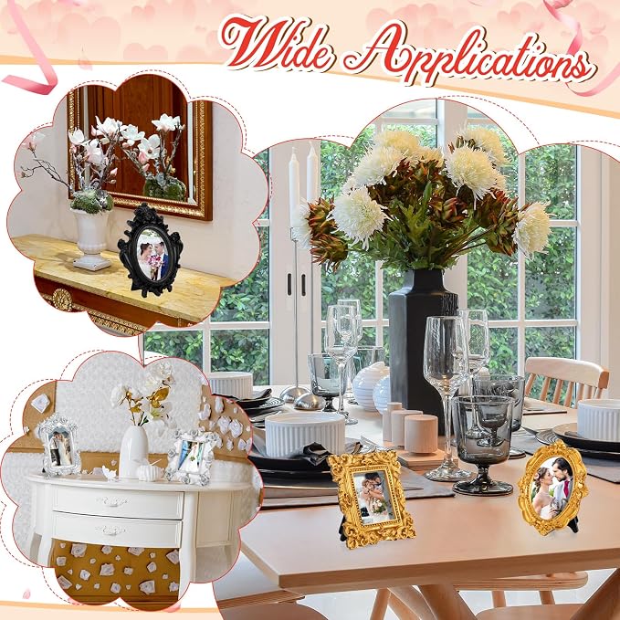 Maitys 15 Pcs Mini Picture Vintage Frames with Stands Tiny Antique Photo Baroque Ornate Resin Oval Frame Table Top Display Home Wedding Decor (Multicolor)