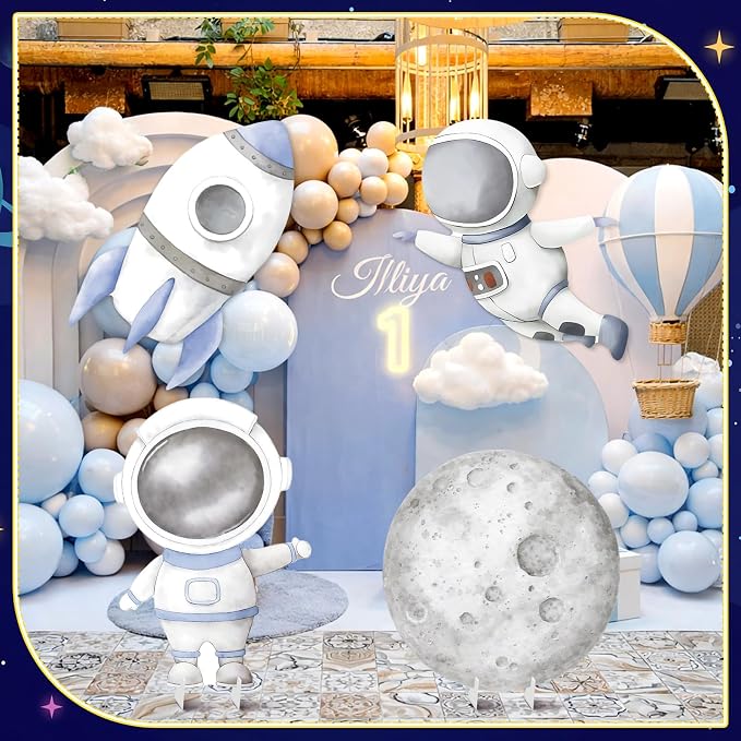 4 Pcs Large First Trip Around The Sun Decoration for Boy Birthday Space Party Cardboard Cutouts, Moon Astronaut Rocket Themed Standups for Baby Shower Photo Booth Backdrop Decor