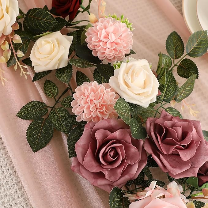 2Pcs Garisey 5FT Dusty Rose Artificial Flower Garland Blush Rose Floral Garland Arch Rose Vine for Wedding Ceremony Party Backdrop Decor Arch Flowers Mantel Table Centerpieces Decorations, Burgundy