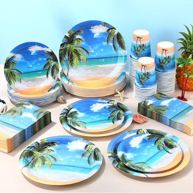 Funnymoom 250 Pcs Tropical Beach Party Decoration Summer Paper Plates Napkins and Cups Hawaiian Tableware Set for Birthday Pool Summer Baby Shower Beach Themed Party Supplies, Serves 50
