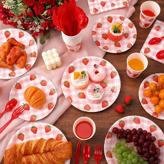 Ziliny 280 Pcs Strawberry Tableware Set Disposable Strawberry Paper Plates and Napkins Paper Cups Plastic Knives Forks Spoons for Baby Shower Berry Sweet Birthday Party Supplies, Serve 40