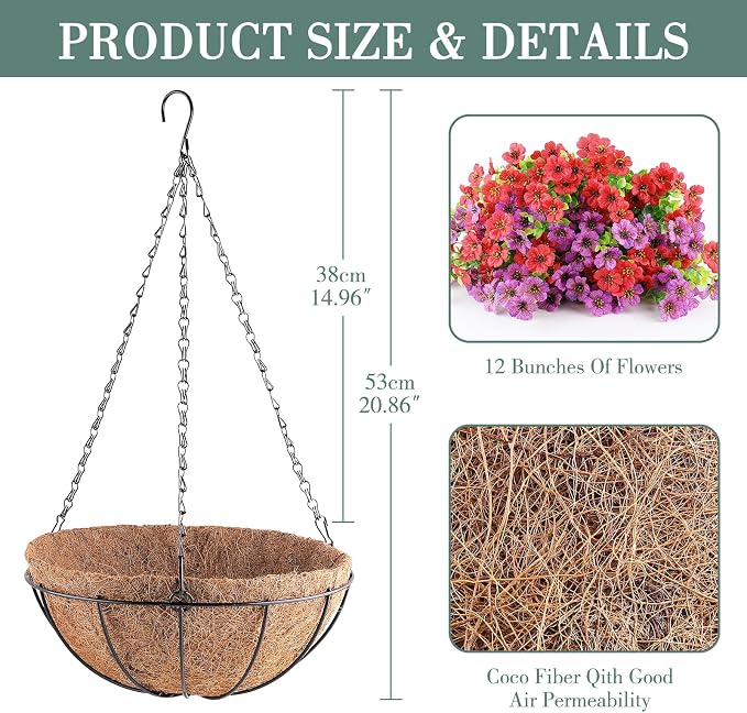 AGIRL Artificial Hanging Flowers with Baskets for Outdoors,UV Resistant Fake Hanging Plants for Outdoor Porch Patio Garden, Realistic Silk Flowers for Spring Summer Home Decor(Red Purple)