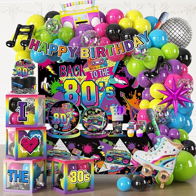 277pcs 80s Party Decorations Serves 25, All-in-one Set with Back To The 80's Backdrop Tableware Balloon Arch Tablecloth Balloon Box Cupcake Topper Table Decor, Etc. for 80s Party Decorations
