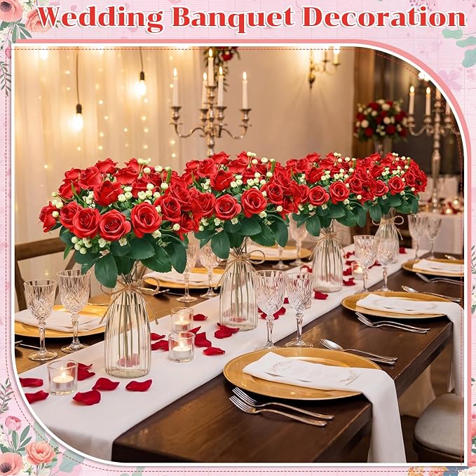 Zeyune 31 Pcs Rose Artificial Flowers with Vase Bulk for Table Centerpiece, 20 Bundles Fake Silk Roses 10 Plastic Clear Vase with 1 Pcs Rope Arrangement Decoration Wedding Home Party (Rose Red)