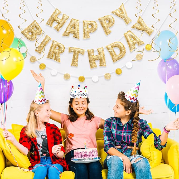 Pre-strung Gold Glitter Happy Birthday Banner Garland, Reusable Birthday Party Decorations, No DIY Gold Birthday Party Banner Sign Decor for Women Men Boys Girls Party Backdrop Party Supplies