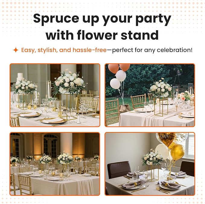 YALLOVE 2 Pack 15.75 Inch Gold Wedding Flower Stand Metal Vase Column Stand Geometric Centerpiece Vase for Home Party Wedding Decorations, Rectangular Flower Display Rack