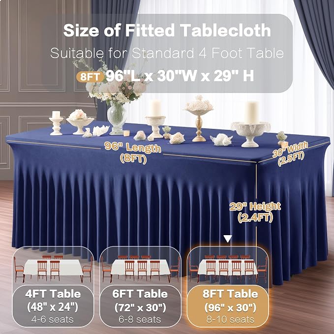 Shillance 6 Packs Navy Blue Spandex Tableclothes for 8 Foot Rectangle Table, Spandex Table Covers 8FT Stretch Table Skirts Wrinkle Free Fitted Tablecover for Event, Wedding, Banquet & Parties