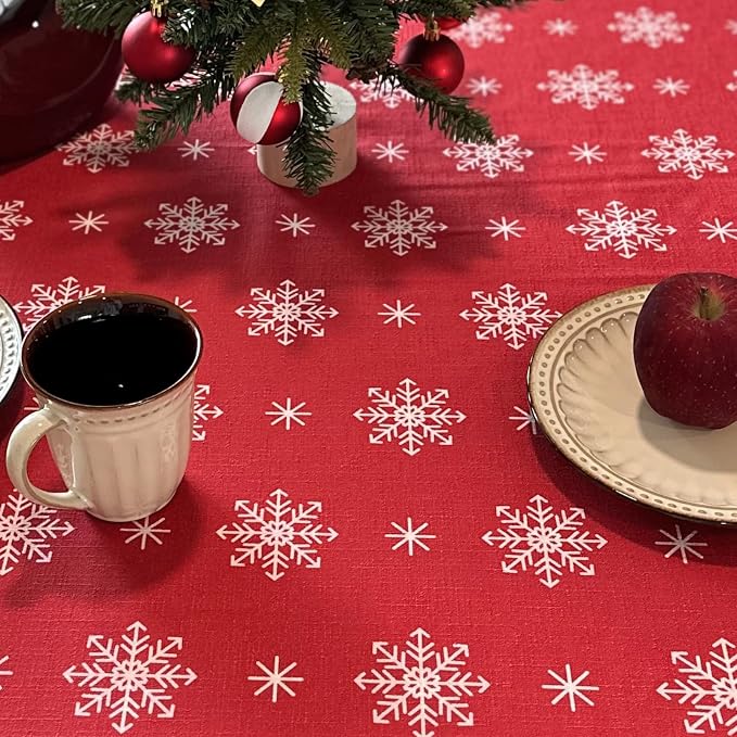 Red Tablecloth, Rectangle Table Cloh with Snowflake Decorations, Spillproof Cotton Linen Fabric Table Cover for Holiday, Winter, Party, Christmas - 60''x120''