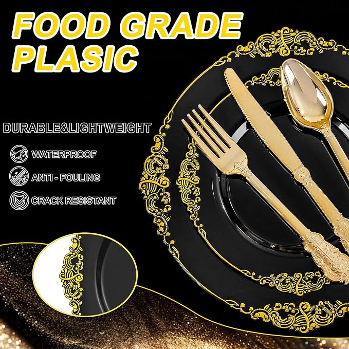 125PCS Black and Gold Plastic Plates - Black Disposable Dinnerware Set - Vintage Plastic Plates with Gold Silverware for 25 Guests for Wedding Party