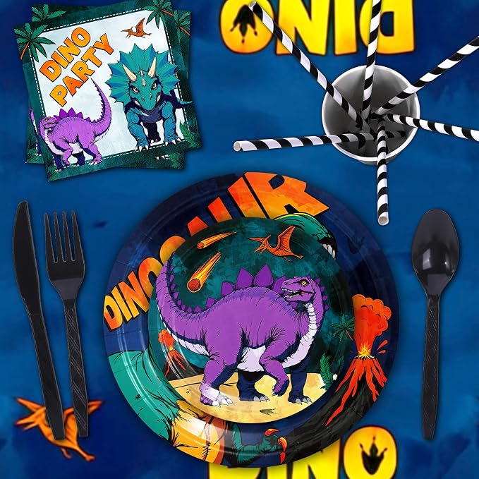 202 Pcs Dinosaur Birthday Party Supplies for 25 Guests – Complete Dino Tableware Set with Plates, Cups, Napkins, Cutlery, Straws & Tablecloth plus Bonus Checkers Game Party Decorations