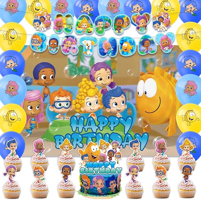 42Pack Guppies Party Supplies Kit Set Include Banner ,Cake Topper ,Backdrop ,Balloons for Guppies Party Decorations