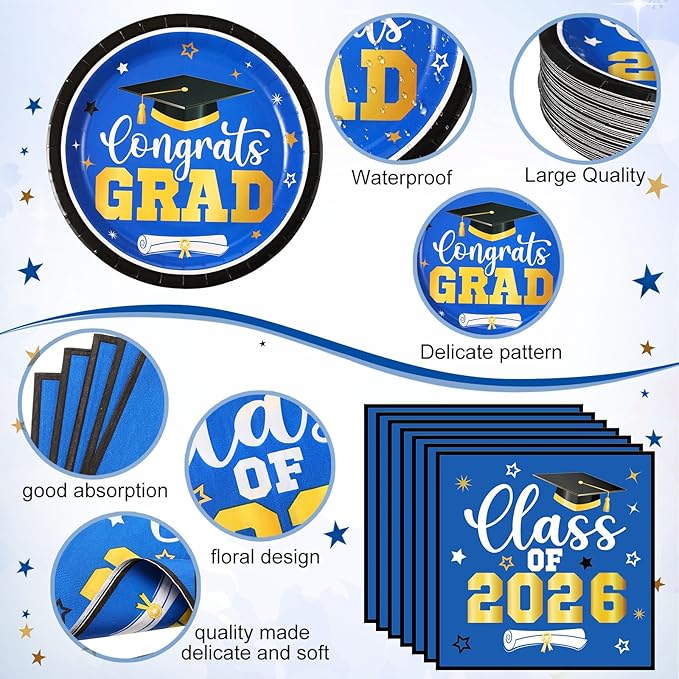 Funnymoom 452 Pcs 2026 Blue and Gold Graduation Party Decorations Supplies, Class of 2026 Graduation Paper Plates Napkins Cups Tablecloth Cutlery Straws Grad Congrats Grad Party Disposable Tableware