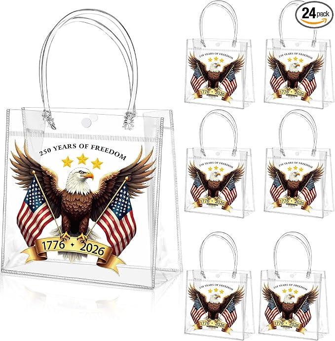 Teenyyou 24 Pcs 250th Anniversary Clear Gift Bags with Handles 4th of July Patriotic USA Eagle Transparent Tote Bags Memorial Day Goodie Candy Treat Gift Container for Independence Day Party Supplies