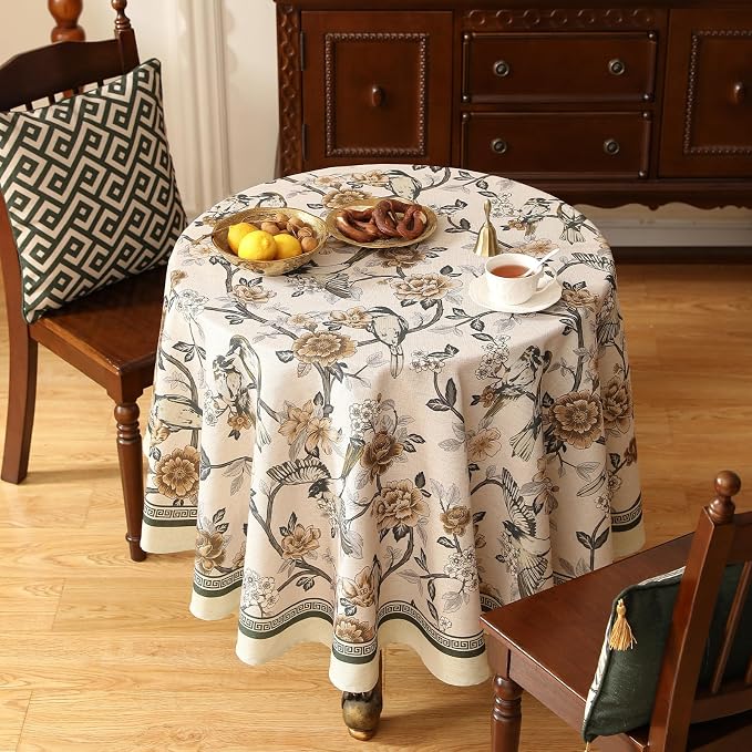 ISAENNE Designer Vintage Linen Round Tablecloth,Diameter 55"-Murad A | French Elegant Small Floral and Bird Pattern Beautiful Table Cloth for Dining Room Tea Party Kitchen Thanksgiving,Decor