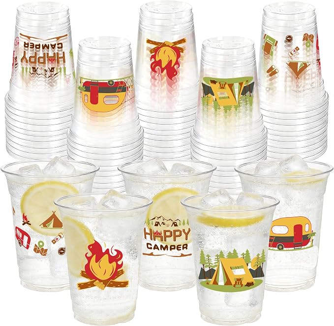 Camping Party Decorations Cups, 50 Pcs 12Oz Bulk Disposable Drinking Camping Theme Plastic Cups for BBQ Coffee Tea Beverage Backyard Birthday Shower Wedding Christmas Party Decorations Favors